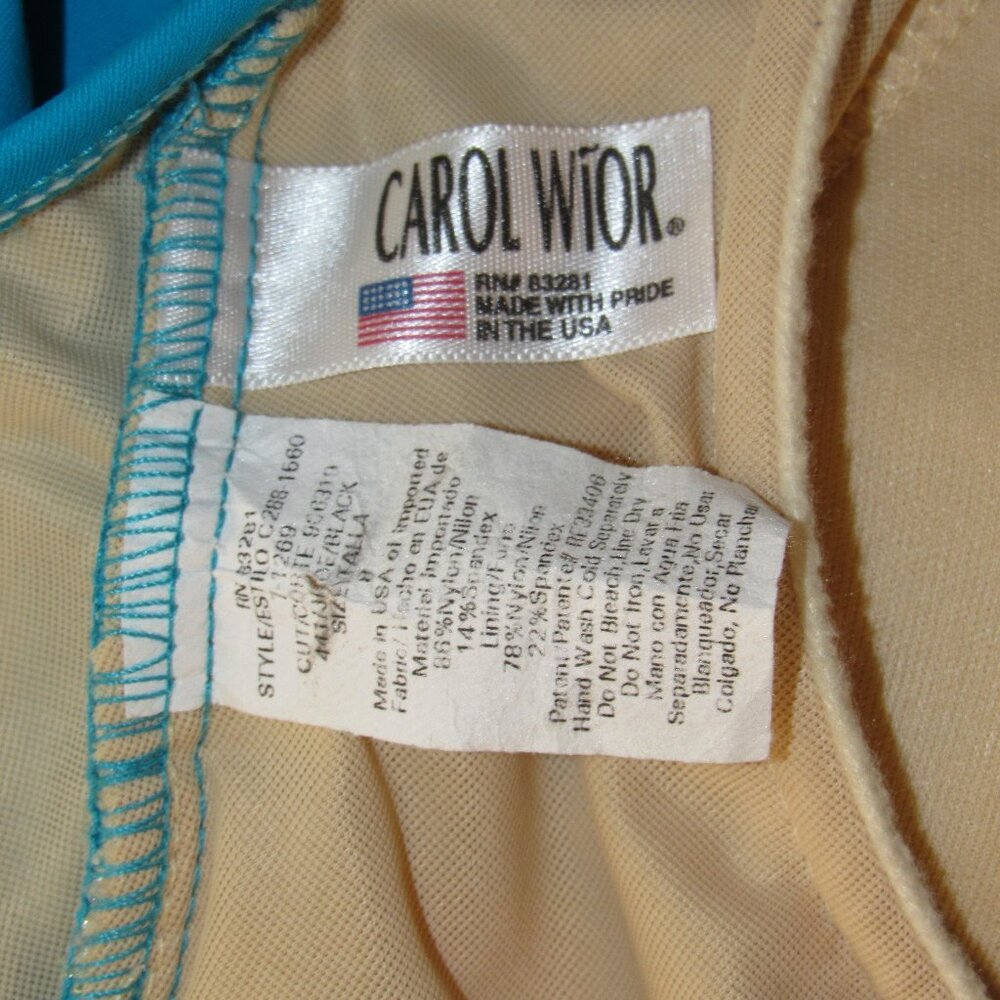 Carol Wior Blue Black Ruched V Neck Halter One Piece Slimming Swimsuit sz 8 - Picture 3 of 3